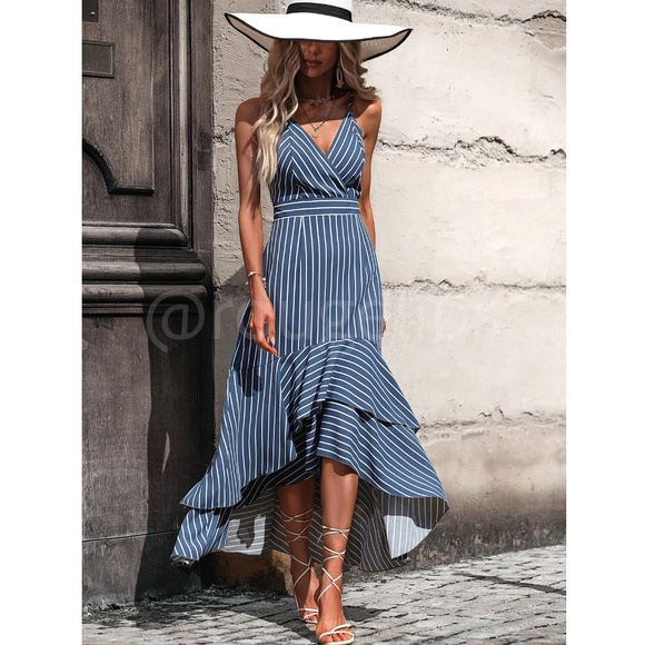Striped Blue White V-Neck High Low Maxi Dress Sleeveless, Spaghetti Straps Flare - Picture 5 of 10